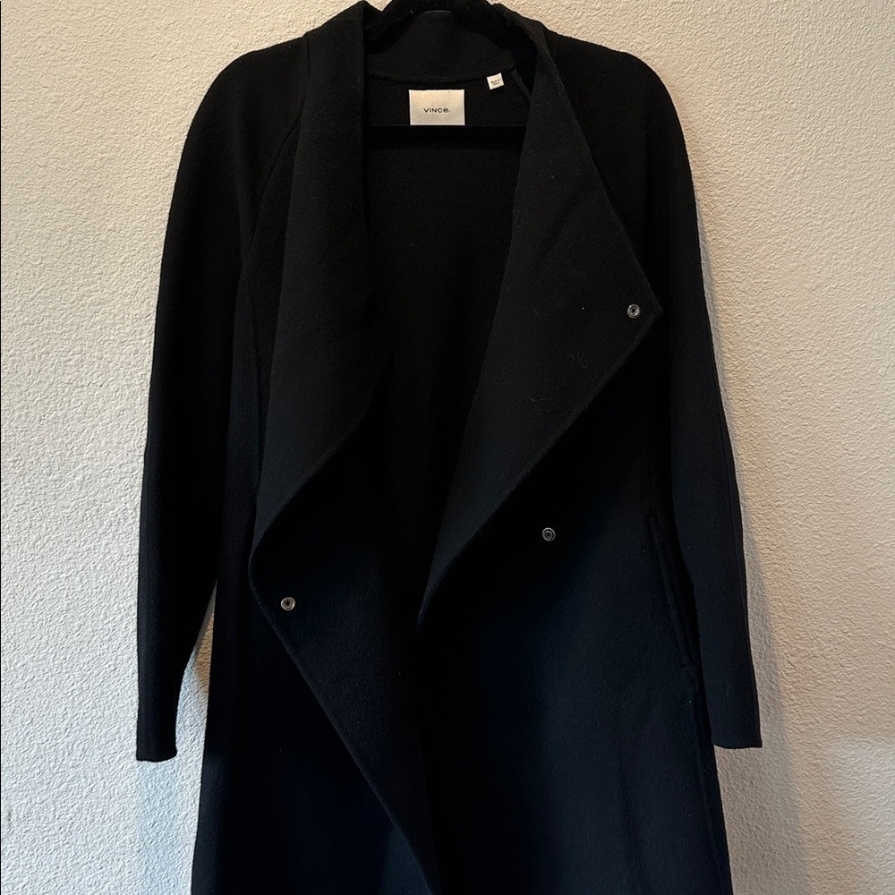 Vince Classic Black Trench Coat Mixed Fabric - Picture 3 of 7